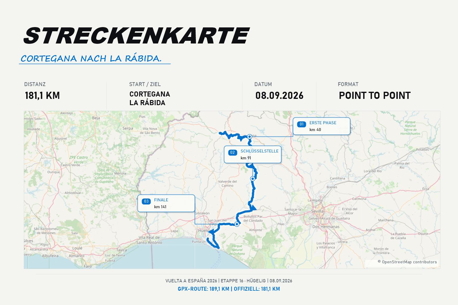 Streckenkarte Etappe 16: Cortegana – La Rábida